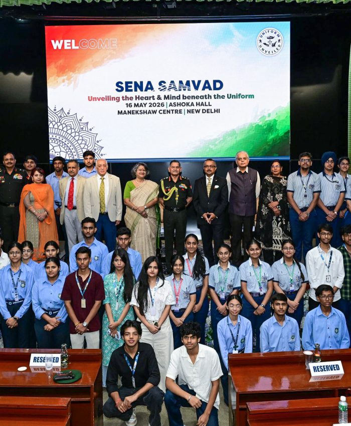 New Delhi, May 16 (ANI): Chief of Army Staff General Upendra Dwivedi poses for a group photograph with students and participants during the ‘Sena Samvad’ interaction session at Manekshaw Centre, in New Delhi on Saturday. (@adgpi X/ANI Photo)