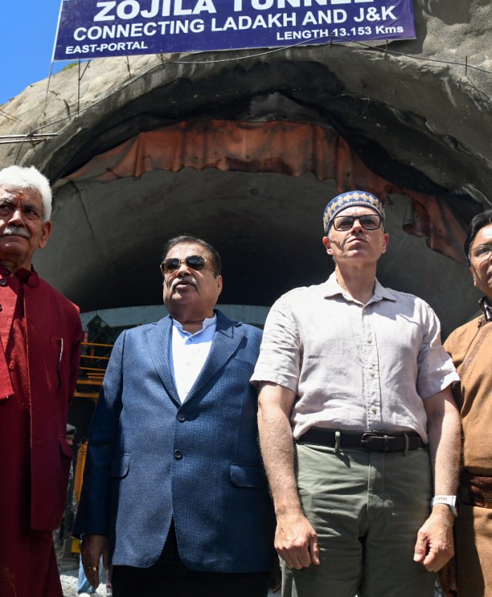 Kargil [Ladakh], Jun 09 (ANI): Union Road Transport and Highways Minister Nitin Gadkari, along with Jammu and Kashmir Chief Minister Omar Abdullah and state Lieutenant Governor Manoj Sinha, graces the final breakthrough ceremony of the world's longest single-tube bidirectional Zojila Tunnel at Minamarg, in Kargil on Tuesday. (ANI Photo)