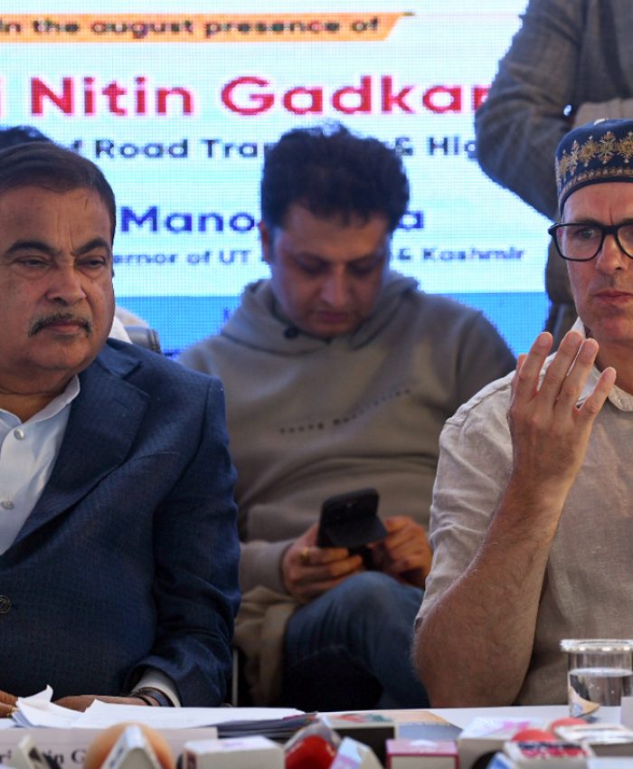 Ladakh, Jun 09 (ANI): Jammu and Kashmir Chief Minister Omar Abdullah, speaks during a press conference on breakthrough ceremony of the Zojila Tunnel, in Ladakh on Tuesday. Union Minister of Road Transport and Highways Nitin Gadkari also present. (ANI Photo)