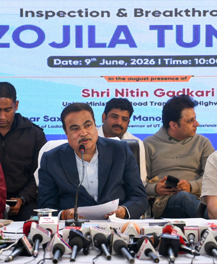 Ladakh, Jun 09 (ANI): Union Minister of Road Transport and Highways Nitin Gadkari, speaks during a press conference on breakthrough ceremony of the Zojila Tunnel, in Ladakh on Tuesday. Jammu and Kashmir Governor Manoj Sinha and State Chief Minister Omar Abdullah also present. (ANI Photo)